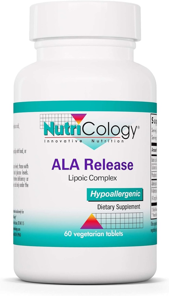 Nutricology ALA Release - Alpha- Lipoic Acid Complex, R- Alpha- Lipoic, Biotin, Wapń, Suplement odżywczy, Tabletki wegetariańskie - 60