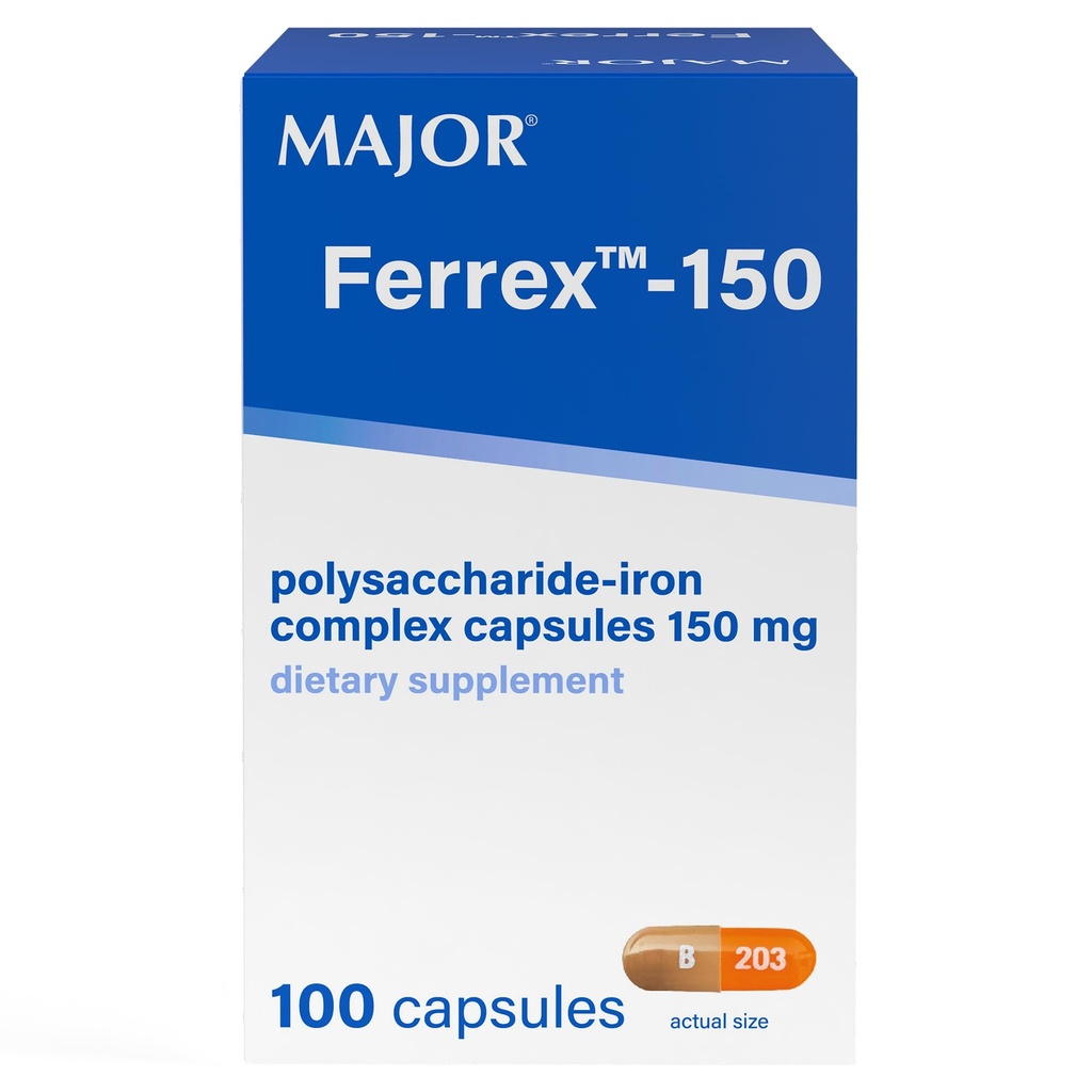 MAJOR Ferrex- 150 Polisacharyd Żelaza Kompleks Kapsułki 150mg Żelaza Suplement dla Kobiet i Mężczyzn - Delikatność na żołądku - 100 Kapsułki