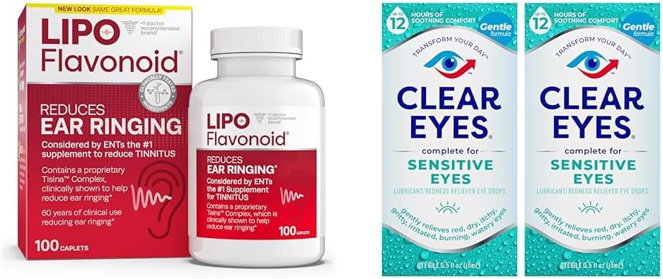 Lipo- Flavonoid Tinnitus Ulga Uszy Zdrowie Witaminy 100 Kaplety i jasne oczy wrażliwe krople do oczu 0,5 Oz 2 Pack Bundle