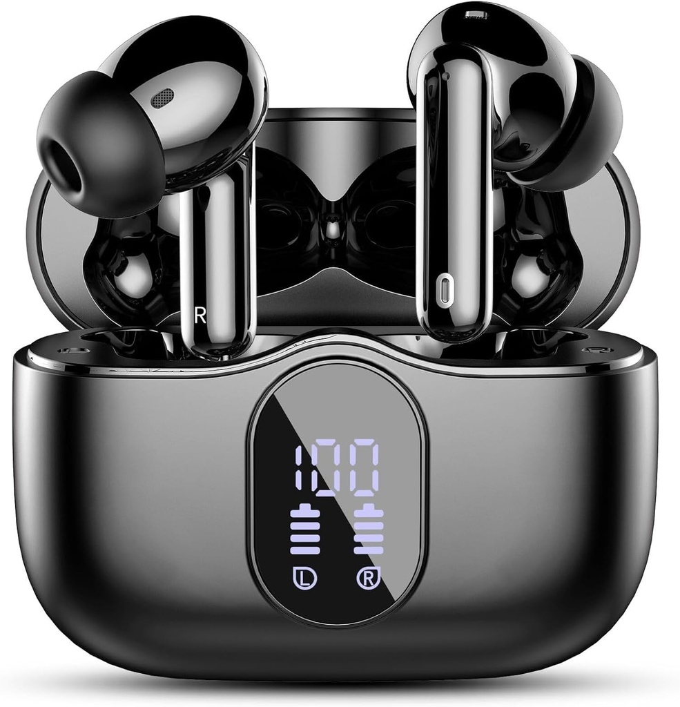 Wireless Earbuds, Bluetooth 5.4 Słuchawki Bass Stereo, Słuchawki z dźwiękiem Anulowanie Mic LED Display, IP7 Wodoodporny w słuchawki ucha, 36H Playtime dla Laptop Pad Telefony Sport Trening, Czarny