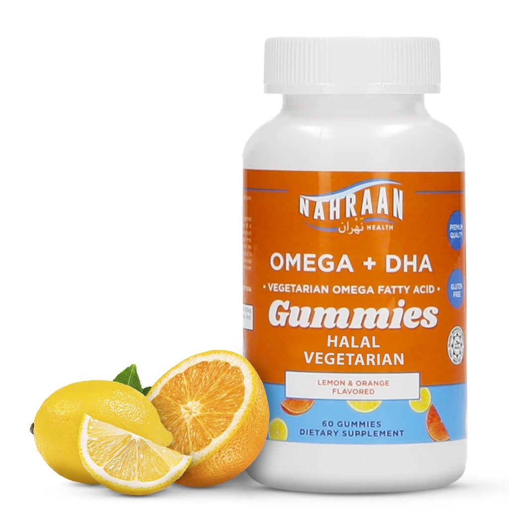 Halal Omega 3 dla dorosłych i dzieci - Omega 3 Gummie wegetariańskie z Lemon & Orange Flavor - Dorośli i dzieci Gummie - 60 Hrabia
