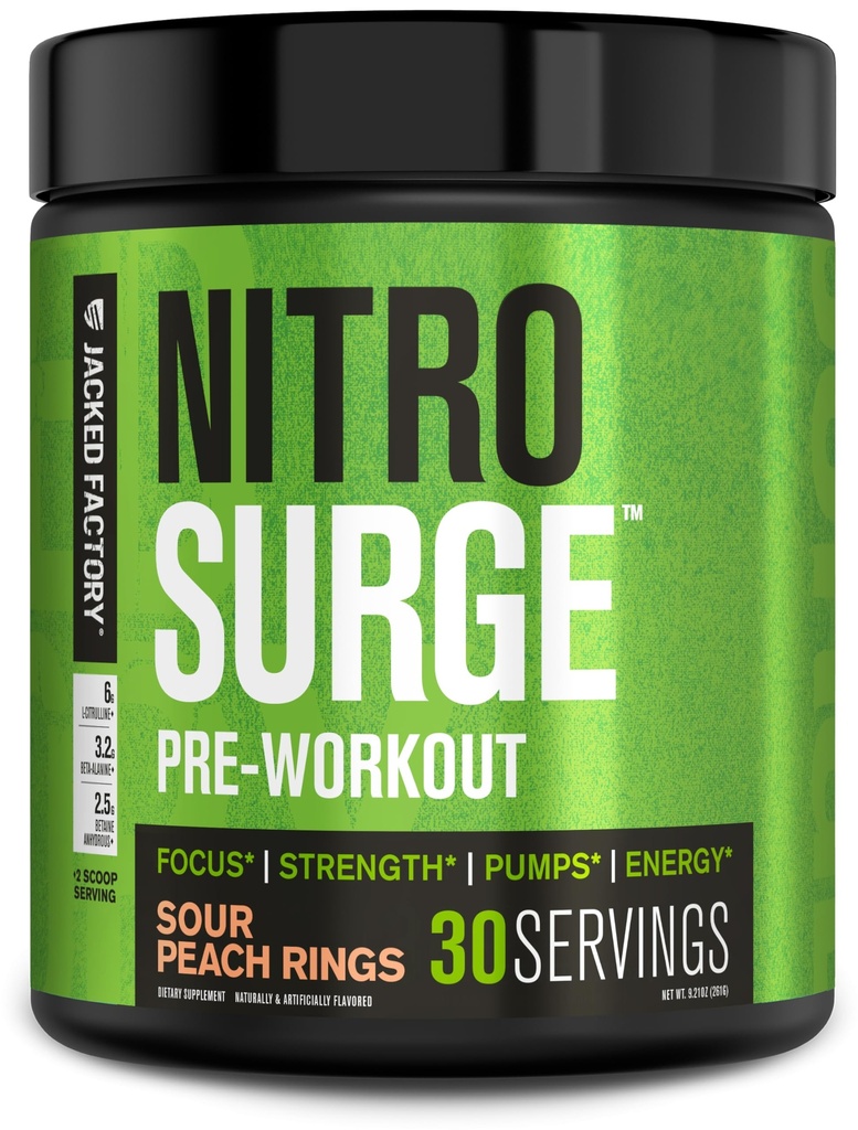 Jacked Factory NITROSURGE PreWorkout Supplement - Endless Energy, Instant Strength Gains, Clear Focus, Intensywne pompy - NO Booster & Potężny Prettenment Energy Powder - 30 Sług, Sour Peach Pierścienie