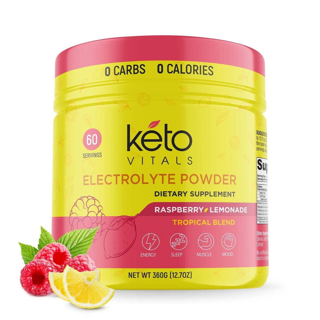 Keto Vitals Electrolytes Proszek - Bezcukrowy Keto Electrolytes Proszek z Potasu, Magnezu, Sodu, & Wapń - Bez cukru Electrolyte Drink Mix & Hydration Proszek, 60 Słupki, Lemoniada malinowa
