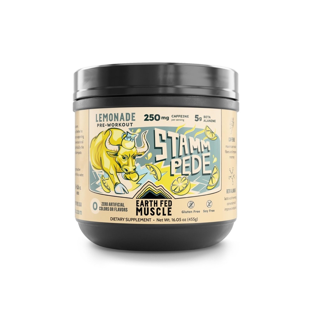 Ziemskie karmione mięśnie Stampede pre Workout proszek, Lemonade Flavor, 250 mg kofeiny proszek, 5g Beta Alanine, Citruline, Tauryna & Tyrosine, gluten & Sugar Free pre Workout, Keto Friendly, 26 Służenia