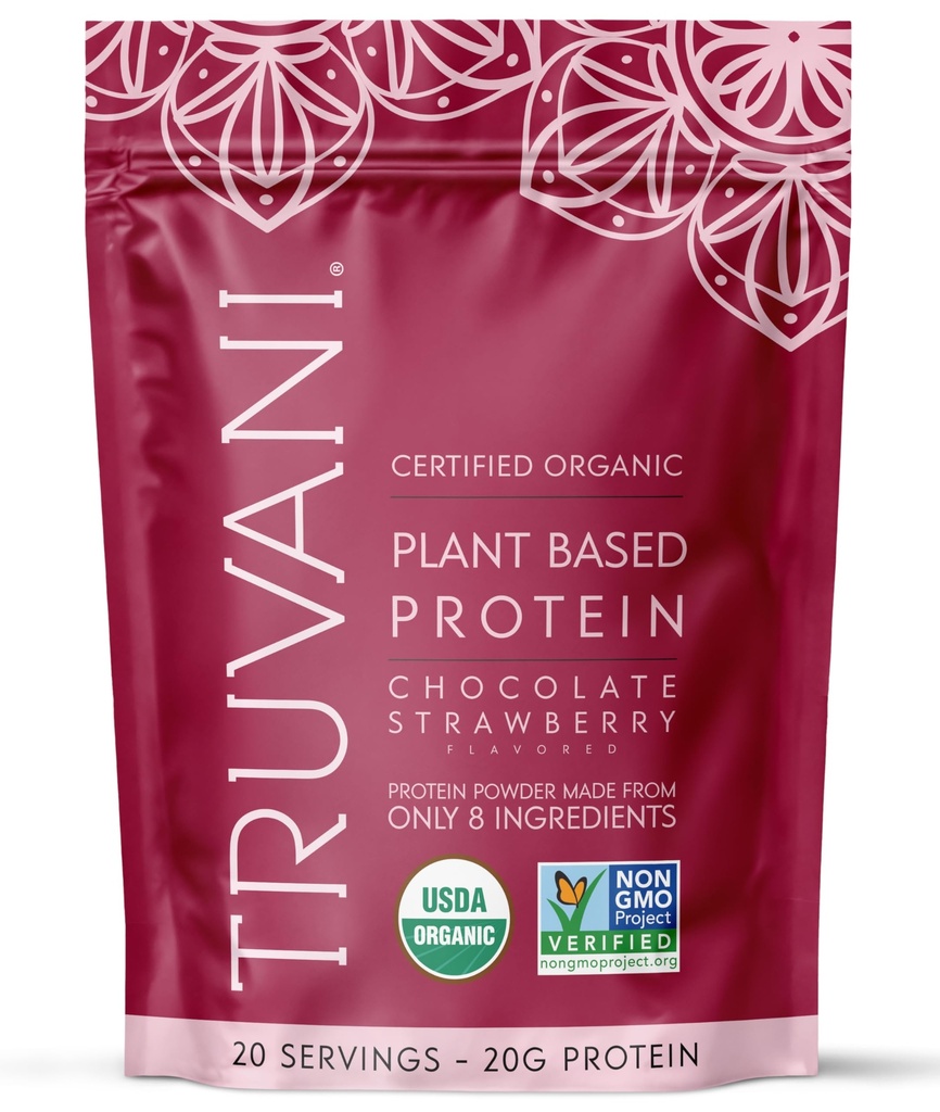 Proszek Truvani Vegan Pea Protein 124; Czekoladowa truskawka 124; 20g Organic Plant Based Protein 124; 20 Służenia 124; Keto Budapest 124; Gluten & Dairy Free 124; Niskie węglowodory 124; Nie Dodano cukru