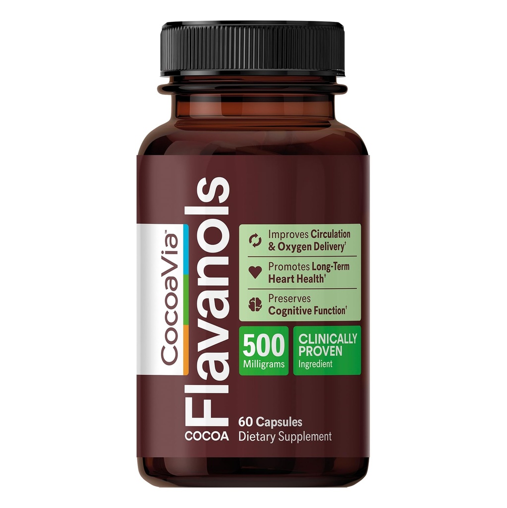 CocoaVia Heart & Brain Supplement, 30 Day, Cocoa Flavanol Extract, Memory & Circulation Booster, tlenek azotu, Boost Oxygen & Energy, Plant Based, Gluten Free, Wegan, 60 Kapsułki
