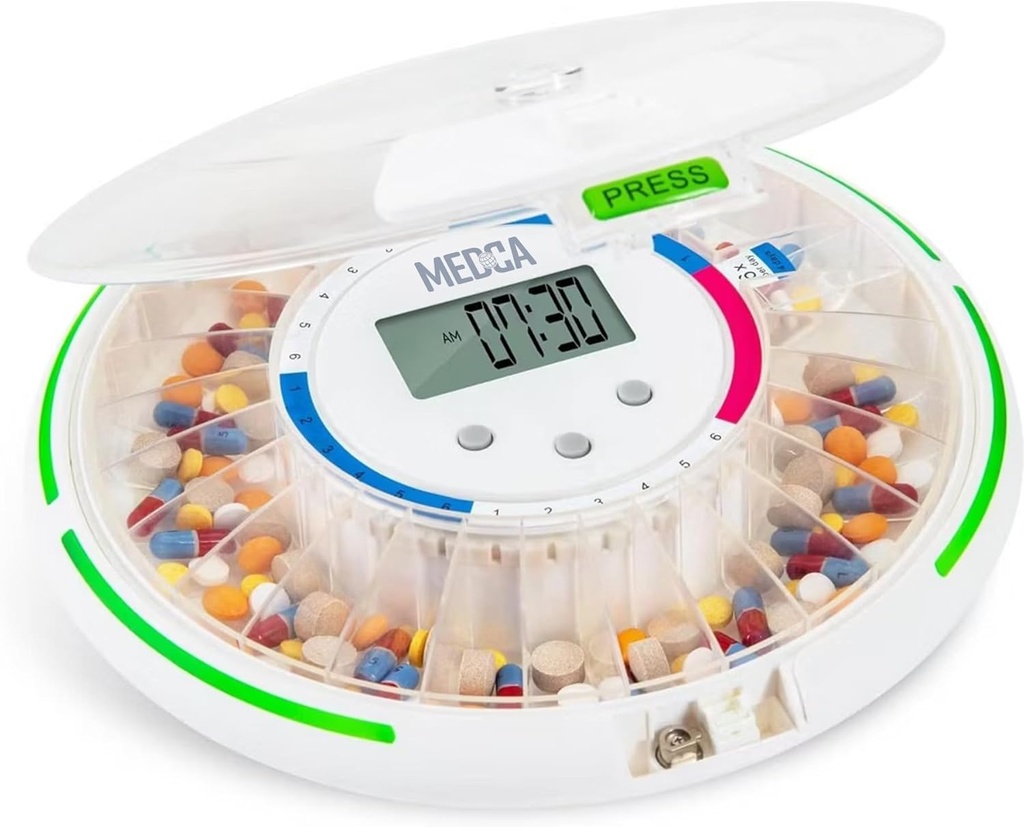 Automatic Pill Dispenser with 28-Day Electronic Medication Organizer - Lockable Key Pill Container with LCD Display, Light and Sound Reminder Alarm for Scheduled Medication for Seniors and Elderly