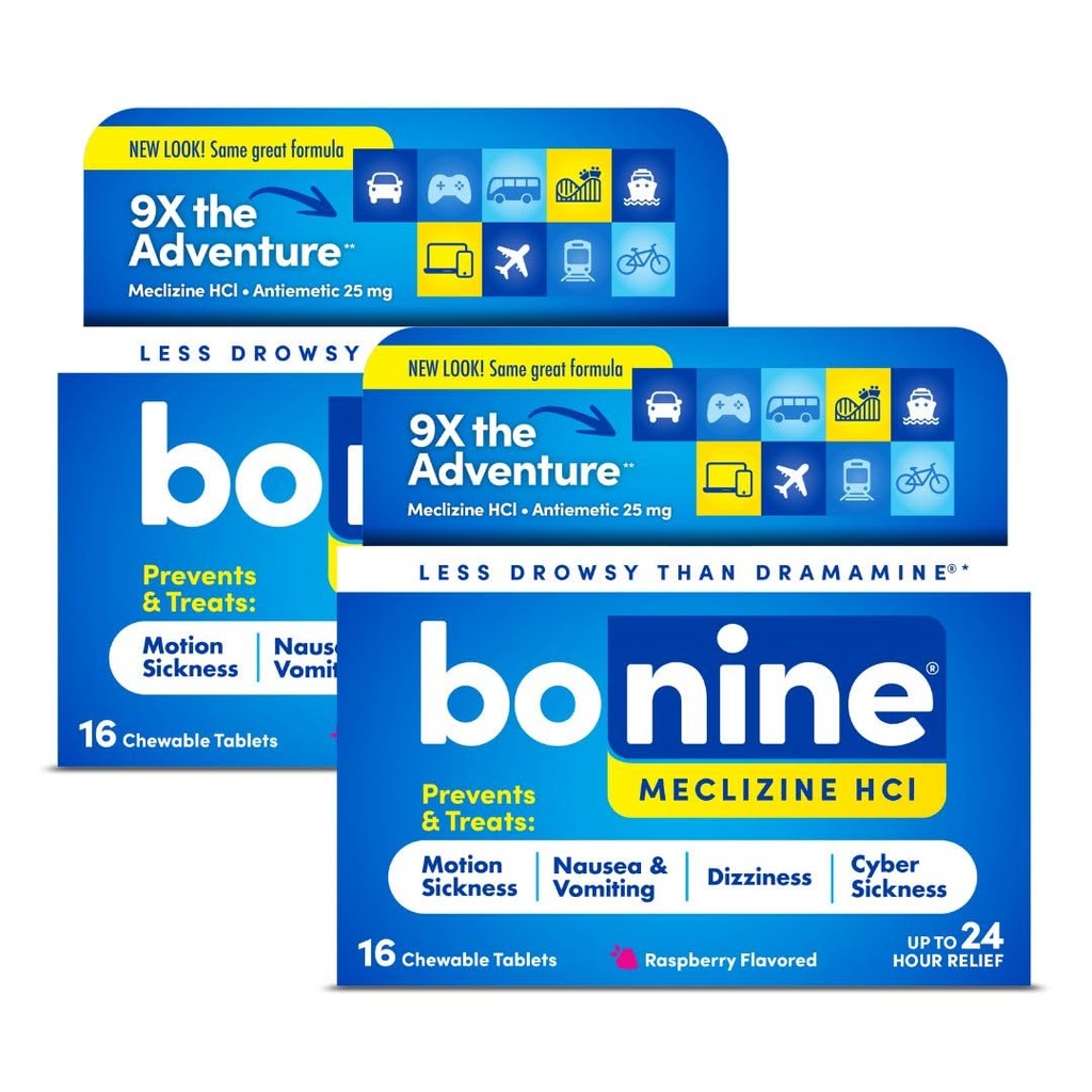Bonine Non- Drowsy Motion Relief choroby - 32 Tabletki do żucia z Meclizine HCL 25mg - Non Drowsy Medicine for Nususea lub Motion Choroby - Cruise Essentials - Malina Flavor