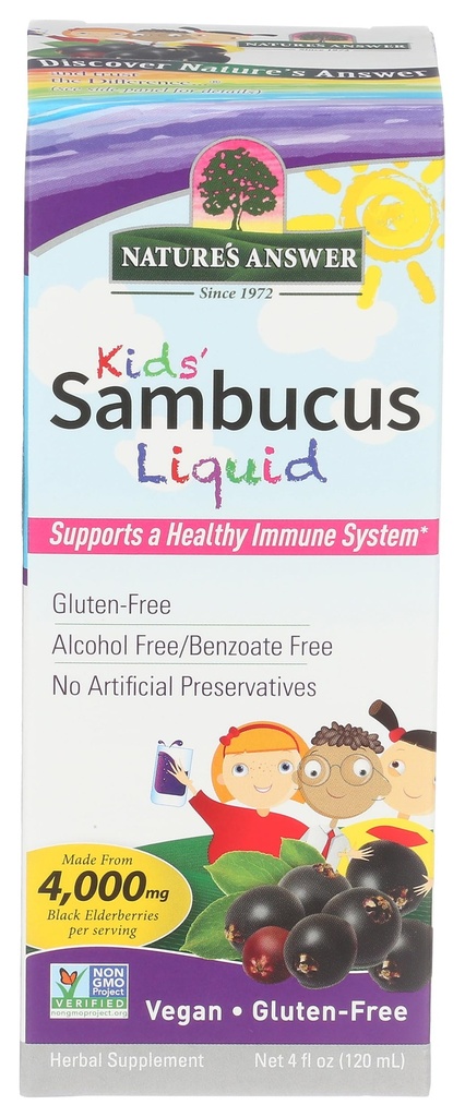 Odpowiedź natury Biodostępny Sambucus Kids Formuła 124; 4- Fluid Ounces 124; Kosher Certified Organic Elderberry Syrop 124; Wielki smak & Gluten- Free Supplement 124; Suplement diety 124; Brak sztucznych środków konserwujących (Pack 1)