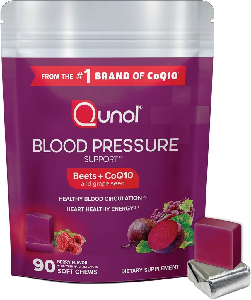 Qunol Beets Chews for Blood Pressure Support, 3 in 1 Beets + CoQ10 + Grape Seed Extract, Wspiera zdrowe krążenie krwi i serce Healthy Energy, 90 Chews