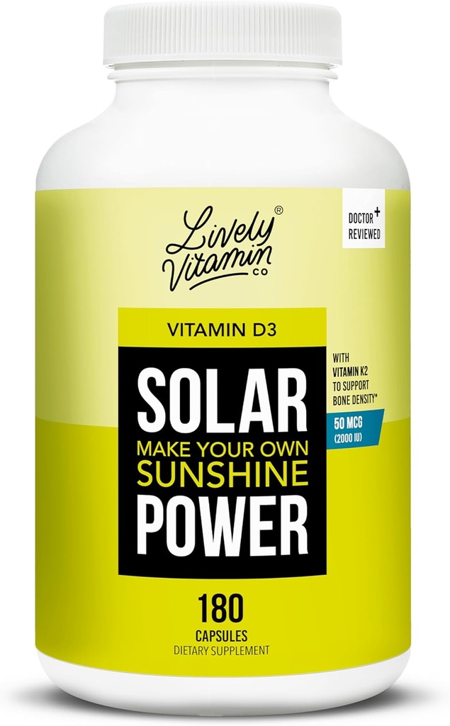 LIVELY VITAMIN CO. Solar Power Witamina D3 2000 iu - Opatentowana Witamina K - MK7 - Równowaga immunologiczna - Funkcja mózgu - Nastrój - Serce - Stres - 180 Liczba