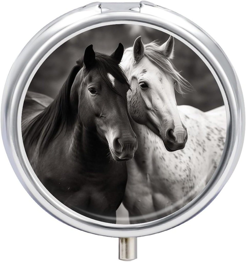Okrągła skrzynka na pióro Przenośny pióro Case for Pocket Black and White Horses Travel Small Pill Organizer 3 Container Metal Pill Holder for Medicine Vitamin Fish Oil Supplements