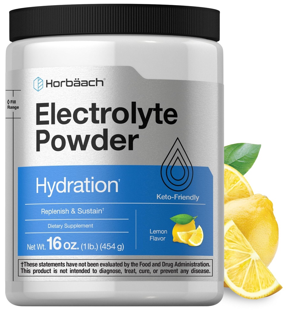 Horbäach Electrolytes Proszek Proszek 124; 16 oz 124; 130 Służenie 124; Suplement do nawadniania 124; Wegetariański 124; Keto- friendly 124; Nie-GMO, Gluten Free Formula 124; Lemon Flavor