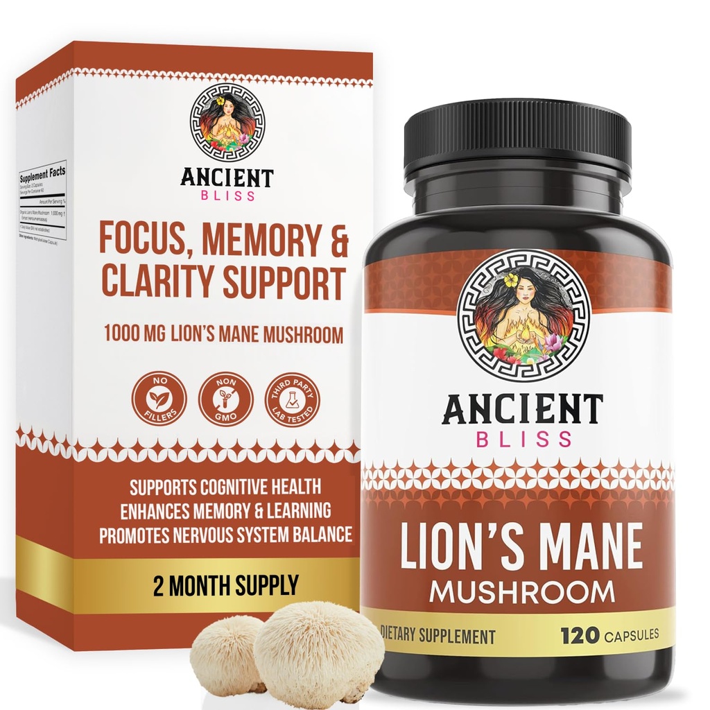Ancient Bliss Lion 's Mane Supplement (2 miesiące dostaw) - 120 Vegan Mushroom Capsules- Może wspierać mentalną klarowność, Energia & May Focus - Pamięć i wsparcie immunologiczne Mushroom Supplement