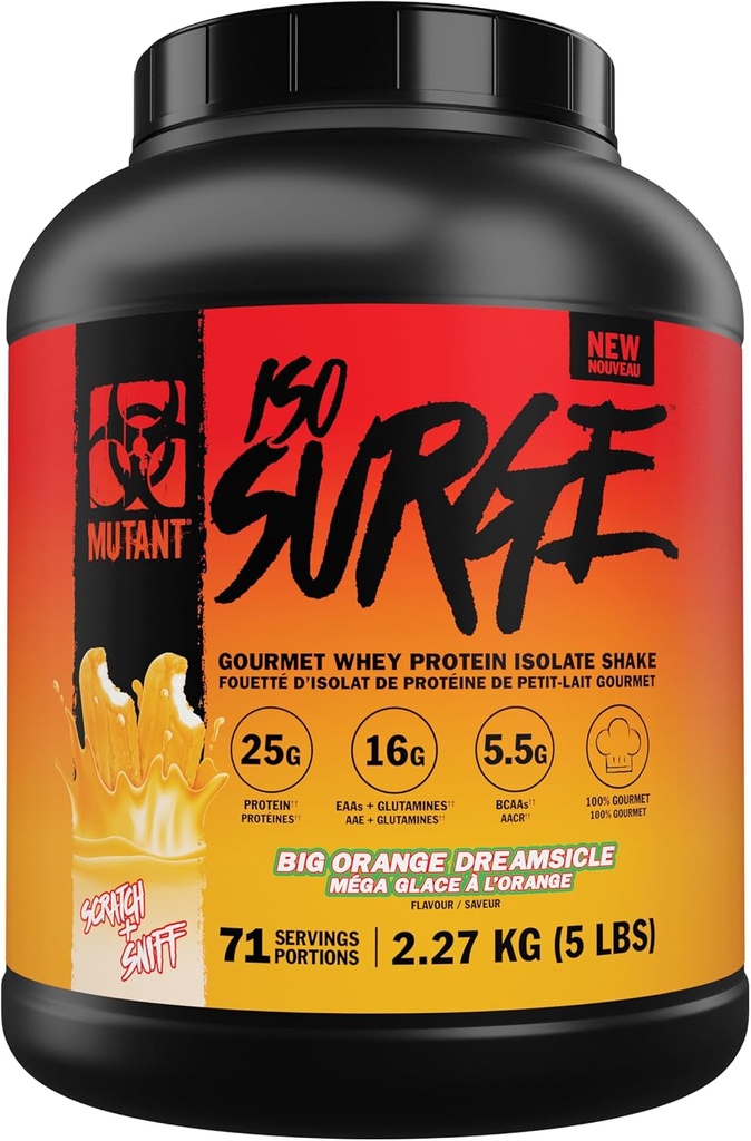 Mutant ISO Surge Izolat białka serwatki w proszku działa szybko pomóc odzyskać, budować mięśnie, luzem i wytrzymałość (5 funt, duży krem pomarańczowy)