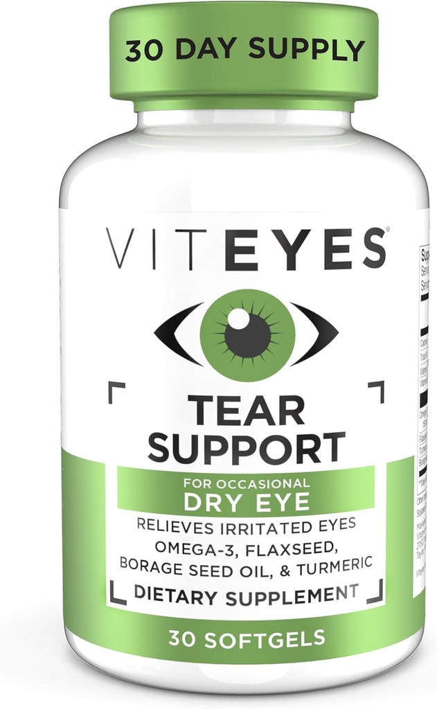 Viteyes Tear Support Eye Soothing Mieszanka, Sporadycznie Suchy Suplement do oczu, Brak kropli do oczu, Resness Relief, Witamina oka, Wsparcie alergii na swędzące oczy, Omega-3 Olej rybny, 30 Softgels