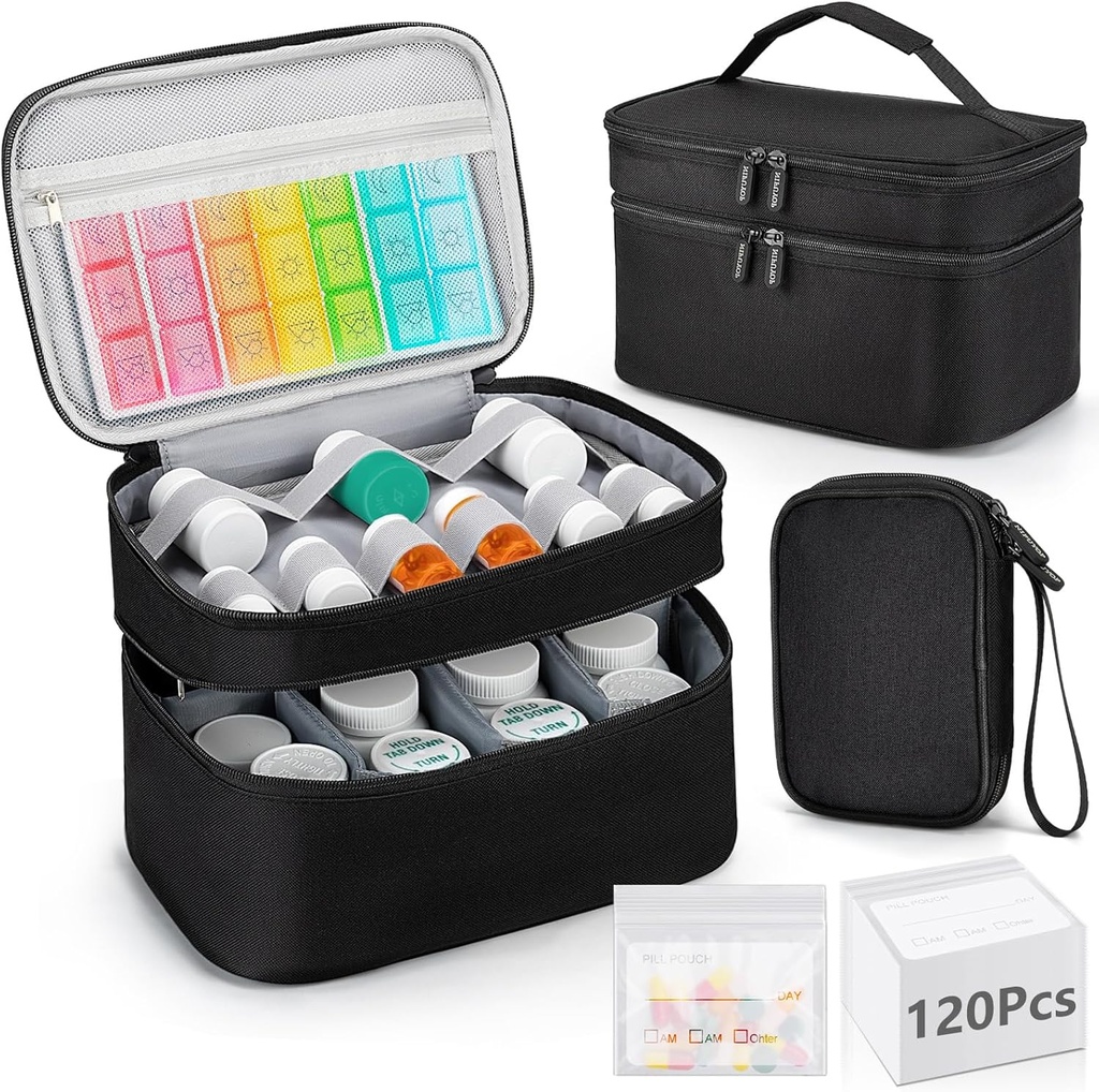 Bagaż Organizator Medycyny, Podwójne Warstwy Pill Storage z 120 Puch Pill Torba podróży, Przenośny Torba Medicine Storage for Pills, Witaminy, Dostawy medyczne do przechowywania domu, Pierwsza pomoc