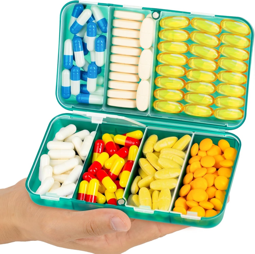 Yaklim Magnetic Travel Pill Organizator, 7 Komory Przenośne Pill Box, Duży Organizator Witaminy z etykietami, Codzienne Pill Case Medicinizer Organizator, Big Supplement Organizer Magnet Pill Container Green