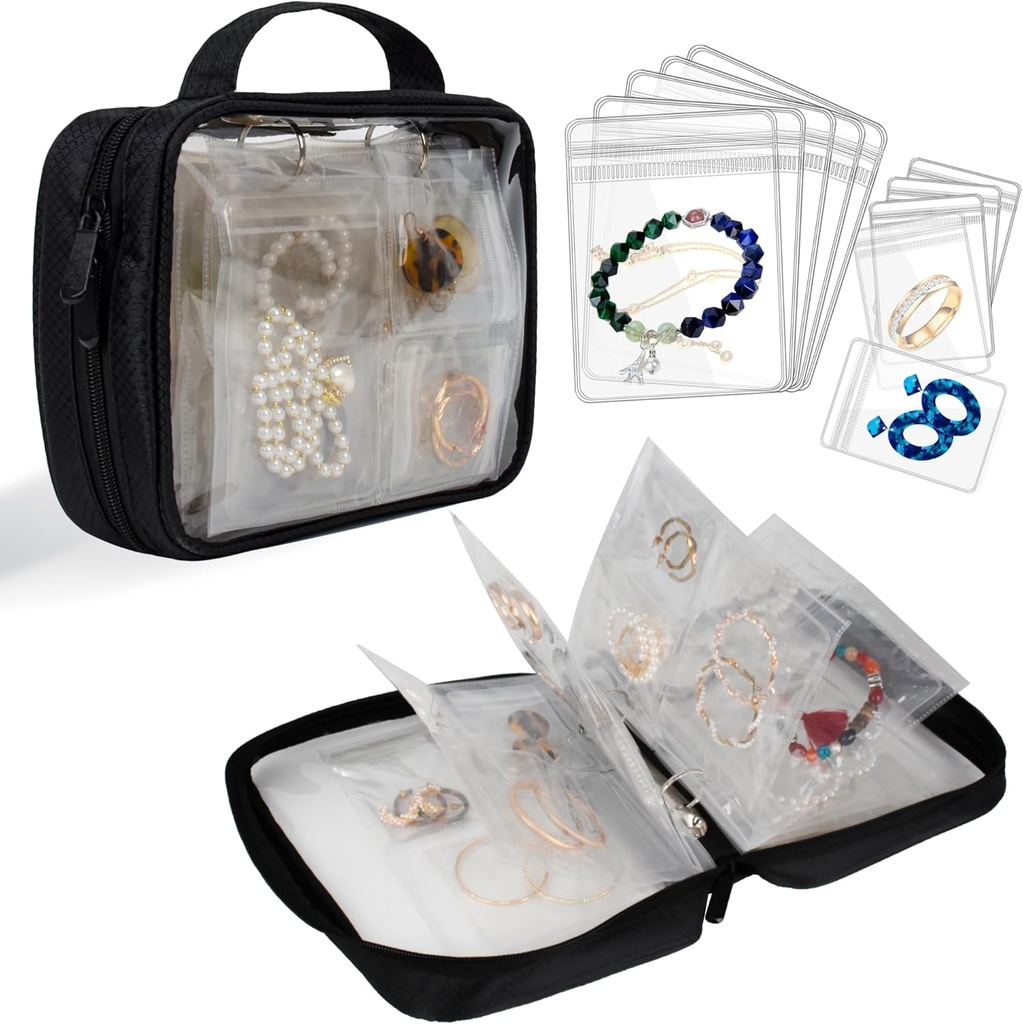 Travel Biżuteria Organizator Case przezroczysty Biżuteria Przechowywanie Książka Biżuteria Koszyk do kolczyków, Pierścienie, Naszyjnik, Bransoletka, Czarny