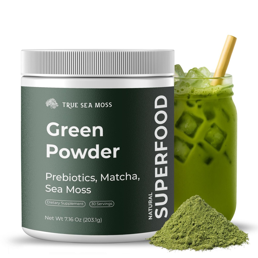 Super Zielony Proszek z Matcha for Digestive & Gut Health - 25 Organic Superfood z Probiotyki, Prebiotyki, Enzymy i Mech Morski - Wegan Superfood Proszek do Bloating & Regularność - 30 Służenia