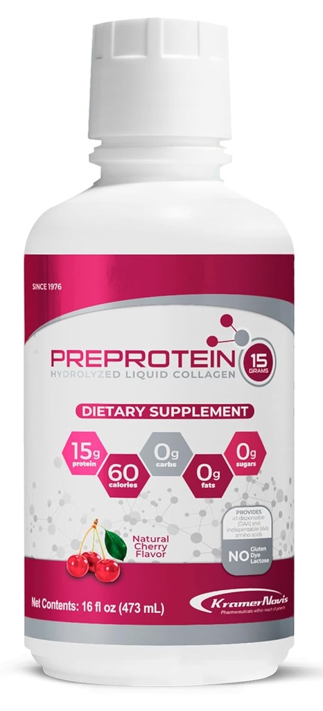 PreProtein 15 ® Liquid Hydrolyzed Collagen Peptydes Protein (16 FL Oz) - Bezcukrowy, Cherry Flavor, Amino Acids, Beztłuszczowy & Gluten Free Supplement dla pacjentów w podeszłym wieku, Odzysk rany, Dializa
