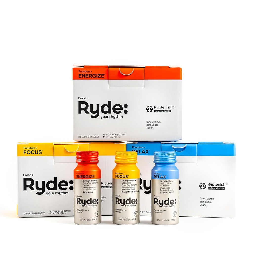 Ryde: Discovery Pack Xi124; Energize, Focus & Relax Shots Xi124; Zielona herbata Kofeina, Tauryna, Ginseng, B Witaminy, L- Theanine, Lemon Balm, Rumomile Xi124; 0 Kalorii, 0 Sugar Xi124; Odmiana Pack - Wypróbuj je wszystkie (24 Pack)