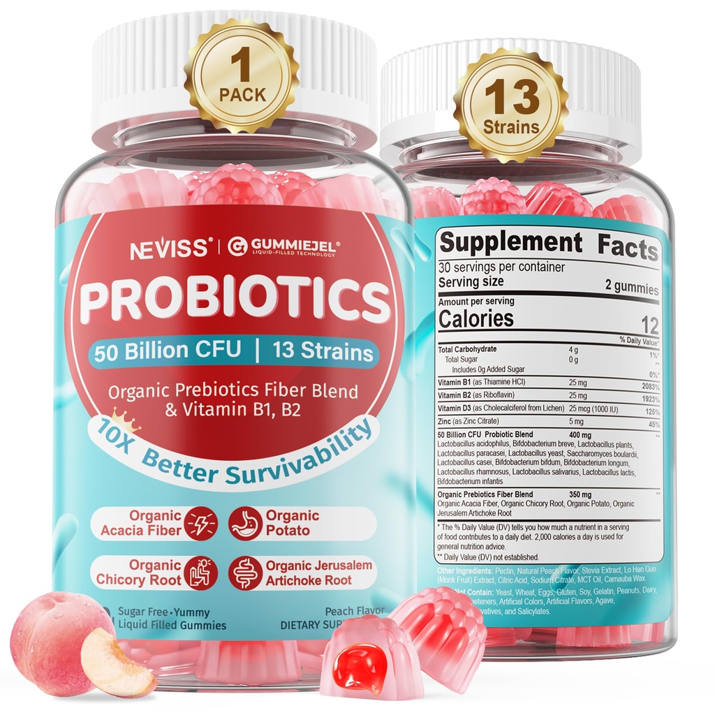 NEVISS Probiotic + Prebiotyczne gumki dla dorosłych i dzieci 4 +, Sugar Free Chewable 50 Miliard CFU w / włókno, Witamina B1 B2 D3 & Cynk, dla zdrowia digestive & Gut, Boost Microflora Różnorodność, 60 Ct