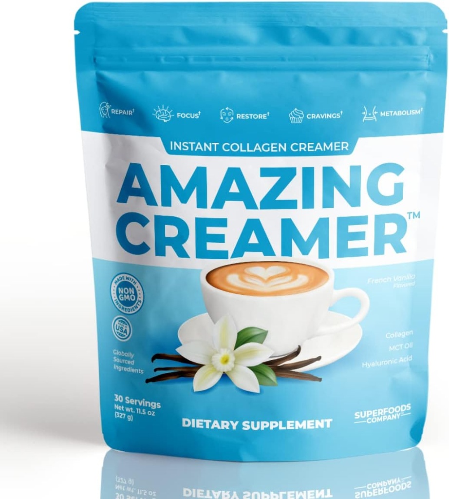 Superfoods Company Amazing Creamer with Collagen - Keto Creamer- Hyaluronic Acid & MCT Oil - Brain Boost & Curbs Crages - Pomaga zdrowej skóry i włosów - Diet- Friendly [30 Sług] [Vanilla]