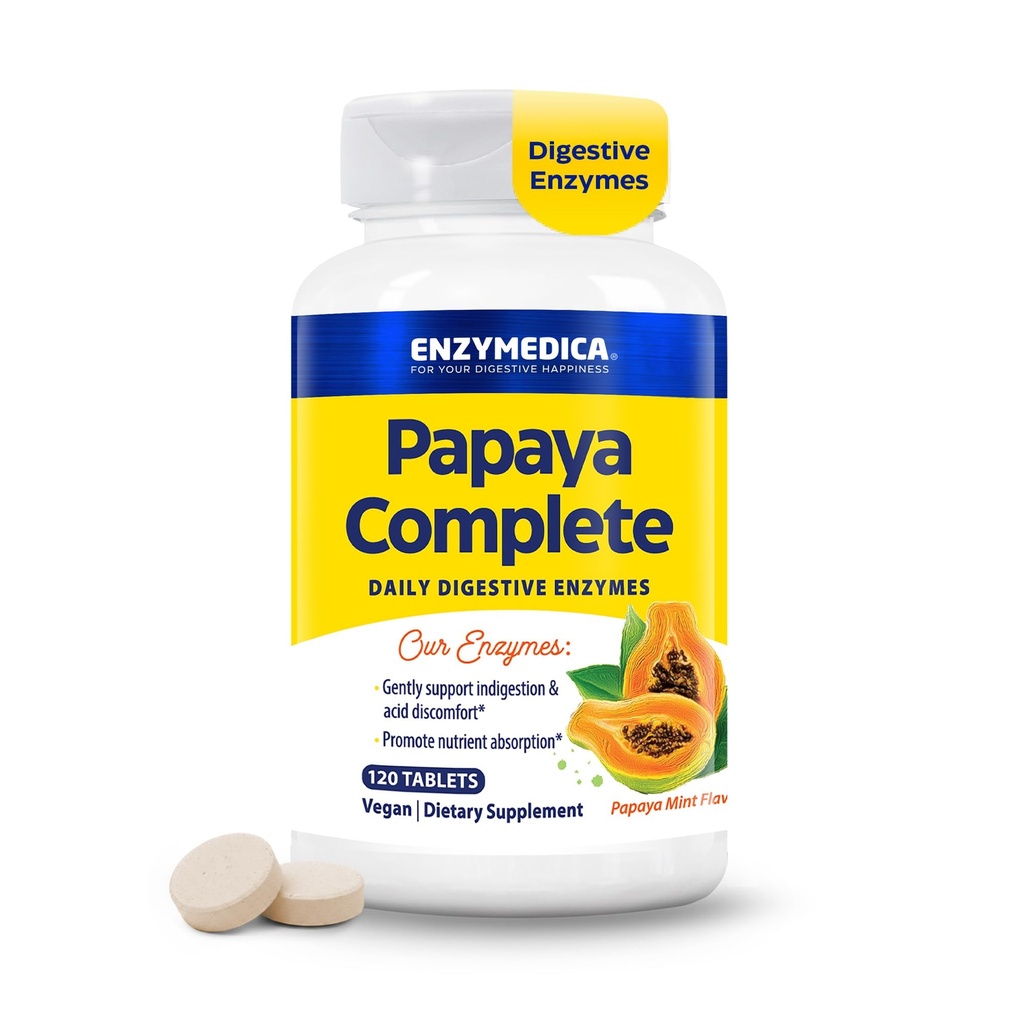 Enzymedica Papaya Enzymy Chewable, Digestive Enzymy dla Kobiet i Mężczyzn, z organicznym Sok Papaya i Chlorofil, Bromelain & Papain High Potency, Wegan, Mint Flavor, 120 Tabletki