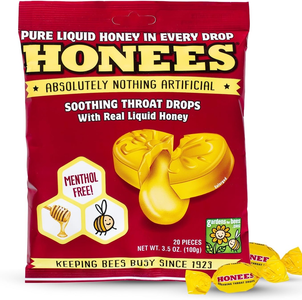 Honees Honey Filled Drops, Honey Cough Drops with Real Honey- Natural Sore Throat Relief- Noget- Throat Coat Lozenges, Natural Cough Suppressant, Non-GMO, Gluten Free (1 Pack - 20 drops)