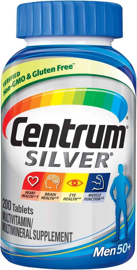 Centrum Silver Multivitamin dla mężczyzn 50 Plus, Multimineral Supplement, Witamina D3, Witaminy B- i Cynk, Gluten Free, Składniki nieGMO, Wspomaga Pamięć i Cognition w starszych dorosłych - 200 Ct