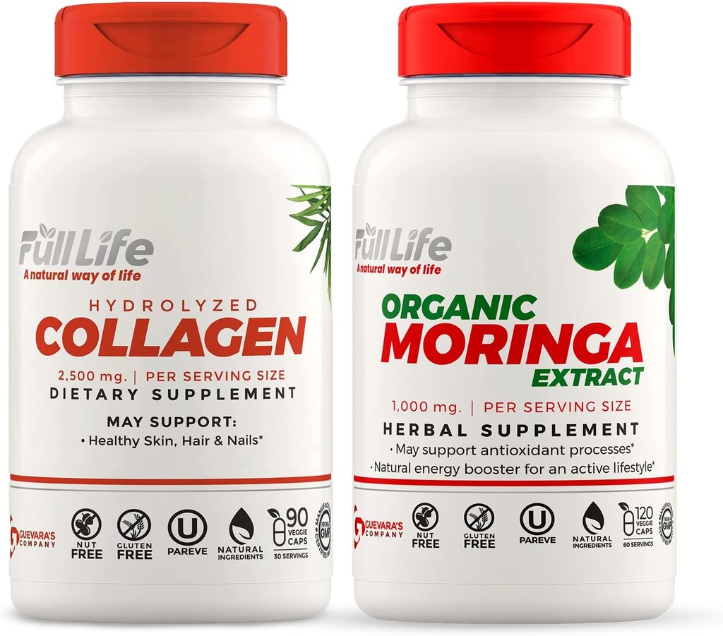 Full Life Zhydrolizowane Kolagen i Moringa Oleifera Kapsułki - Suplementy dietetyczne - Pigułki Kolagenowe bydła dla kobiet i mężczyzn, Bez glutenu - Kapsułki wegetariańskie