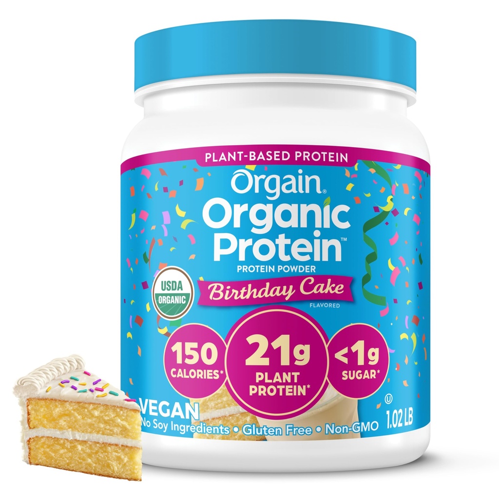 Orgain Organic Vegan Protein Powder, Tort urodzinowy - 21g Białko roślinne na bazie białka, 7g włókno prebiotyczne, węglowodory niskonetto, brak składników laktozy, Nie dodano cukru, Nie-GMO, dla shakes & Smoothies, 1.02 lb