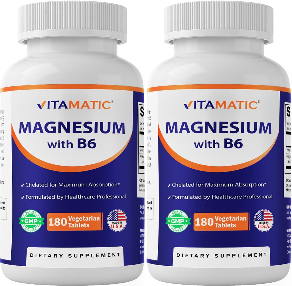 Magnez vitamatic z B6- 180 Tabletki wegetariańskie (Niepowlekane) - Dodano B6 dla maksymalnej absorpcji - Wspiera mięśnie, Joint i Heart Health - 2 Pack