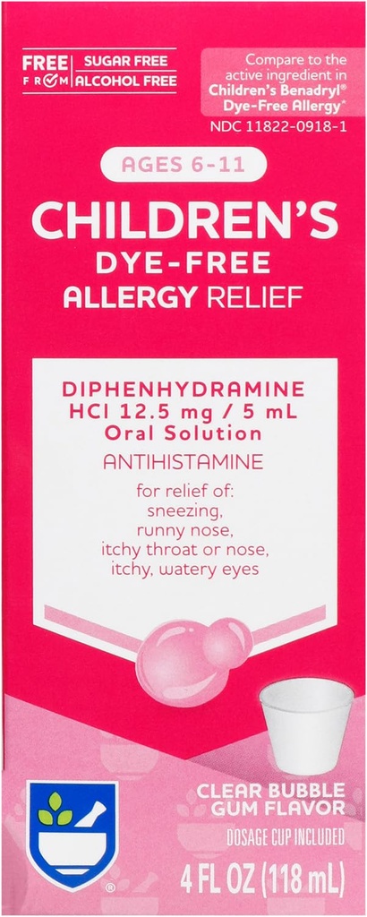 Reite Aid Children 's Allergy Relief, Difenhydramine HCI, Bubble Gum Flavor, 12,5 mg - 4 oz Nether124; Antihistamine Netherlands 124; Children' s Allergy Medicine Netherlands 124; Allergy Medicine Netherlands 124; Allergy Medicine Netherlands; Allergy Medicine Netherlands 124; Kids Allergy Medicine