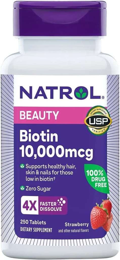 Natrol Biotin 10000 µg, Flavor truskawkowy, Szybko rozpuszczalne tabletki, Dodatkowa siła, 250 Hrabia