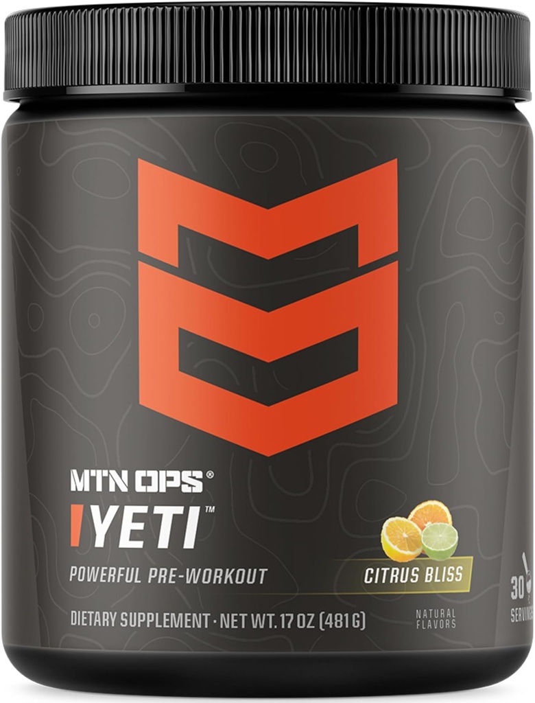 MTN OPS Yeti Pre- Workout Powder Energy Drink with Creatine, 200mg Caepine & BCAA with Beta Alanine, 30- Serving Tub, Citrus Bliss