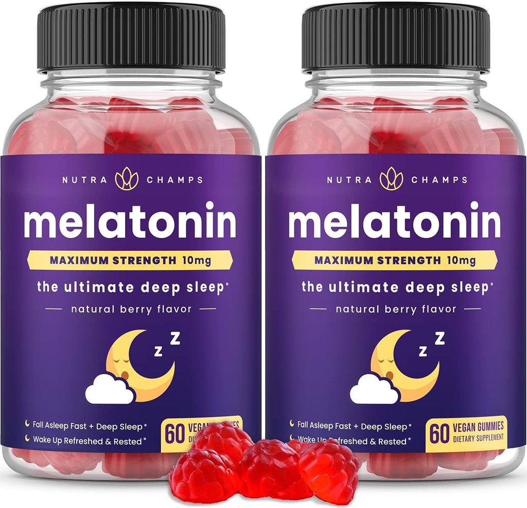 NutraChamps (Opakowanie 2 Melatonina Gummies dla dorosłych, Dodatkowa Siła Sen Pomoc Witaminy, 5 mg lub 10 mg Dawka, Wegan Naturalny suplement truskawkowy dla lepszego snu, 120 Gummies