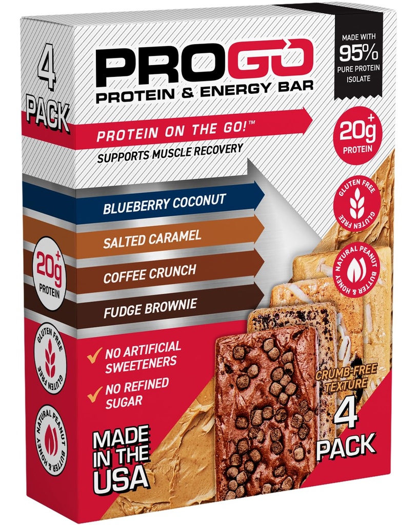 Bary protein ProGo, niski cukier, przekąski o wysokiej zawartości białka (do 21g) - 95% Czysty izolat do szybszego wzrostu i odzysku mięśni, niska kaloria, słodzony w / masło orzechowe i surowy miód (4- Count, Starter Pack)
