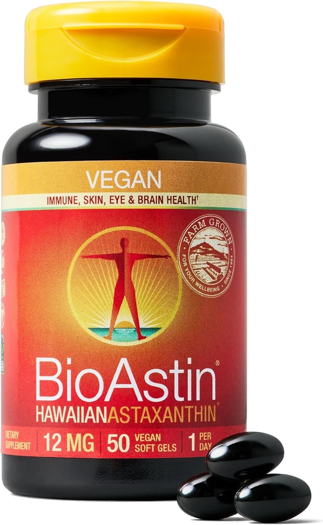 Nutrex Hawaii Vegan BioAstin Hawaiian Astaxanthina - 12mg, 50 Softgels - Farm- Direct Premium Antyoksydant Suplement do wsparcia oczu, skóry, Joint & Immune System Health - Wegan, Non-GMO & Gluten- Free