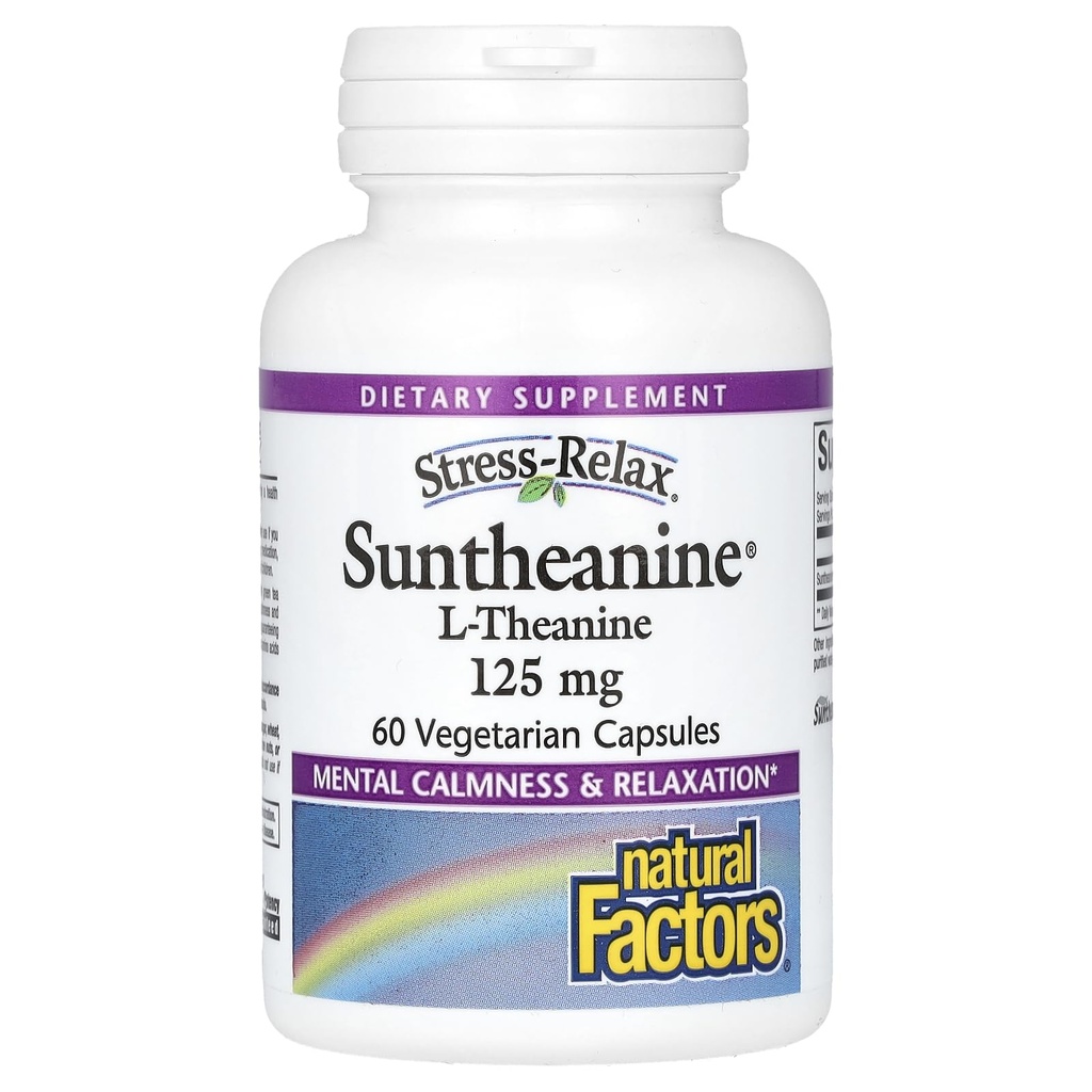 Naturalne czynniki Stress- Relax Suntheanine L- Theanine 125 mg, Non- Drowsy Stress Support for Mental Calmness and Relaxation, 60 kapsułki