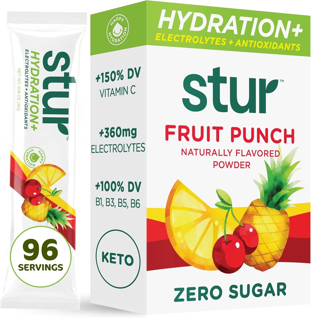 Store Electrolytes Powder Hydration Pakiety do nawadniania 124; Owoce Punch 124; Wolne od cukru Pakiety aromatu wodnego do treningu odzyskiwania 124; Wysokie przeciwutleniacze & B Witaminy do 124; Keto, Vegan, Non-GMO, Paleo, 96 Pakiety