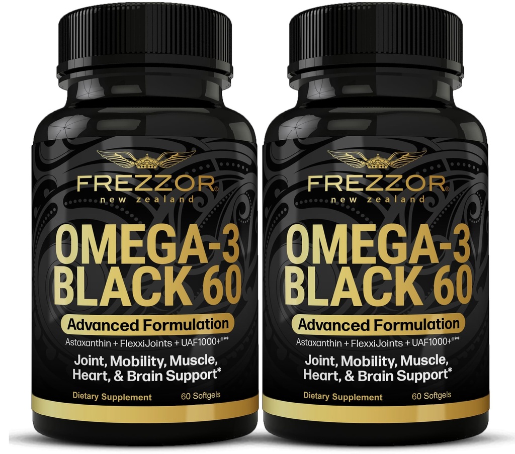 FREZZOR Omega 3 Black for Joint Care & Comfort - New Zealand Green Lipped Mussel Oil Kapsułki; 53x Wyższa moc z UAF1000 + Super Antioksydant, No Fishy Aftersmast, 60 Count (Pack of 2)