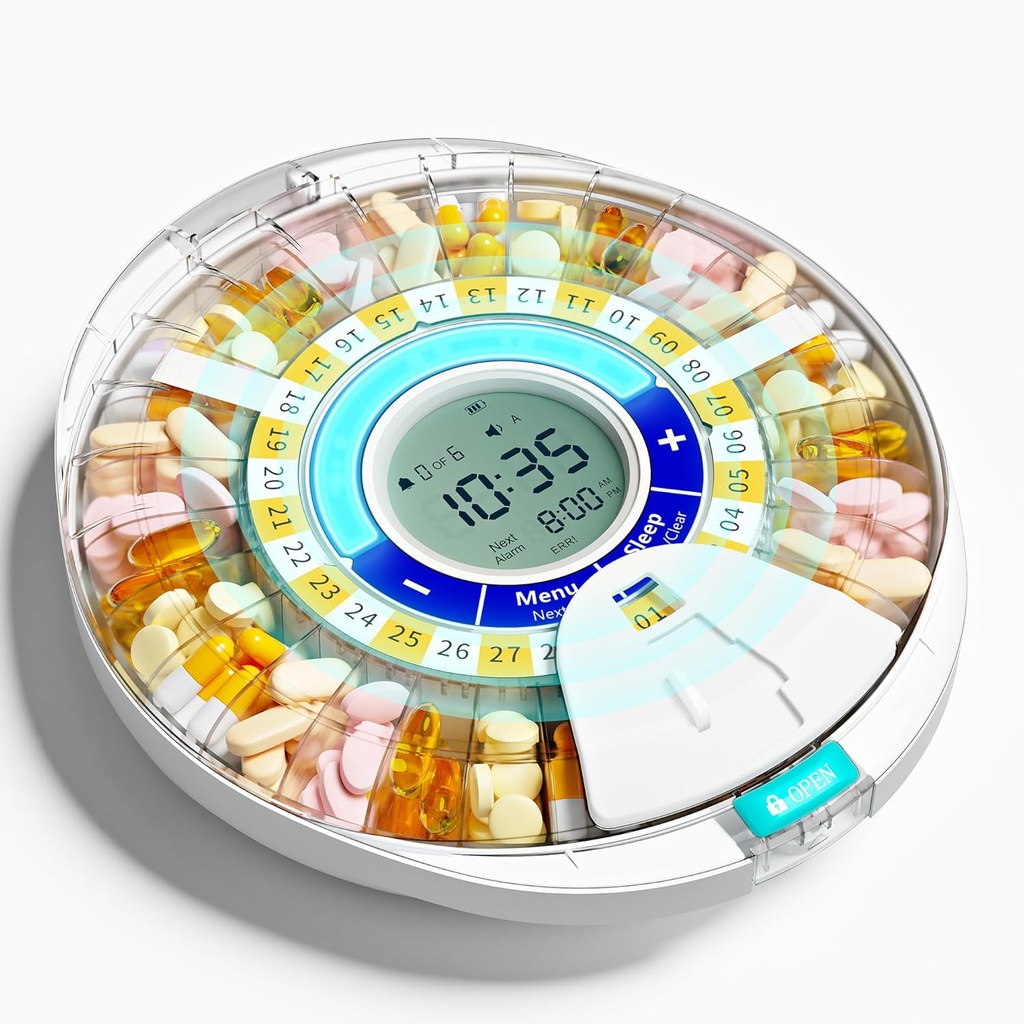Zmodernizowany automatyczny dozownik dla osób w podeszłym wieku z alarmem: Smart Pill Dispenser Machine z 28- Slot, Mix- Proof Tech & XL LCD, Zwiększona trwałość dla codziennego zarządzania lekami