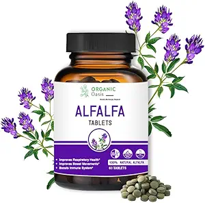 Alfalfa Medicago Sativa Tablets, 60 Tablets, Poprawia zdrowie oddechowe i poruszanie się jelita, Wzmacnia system immunologiczny, Organiczny i naturalny 124; Superfood Supplement Agregat 124; Wegan