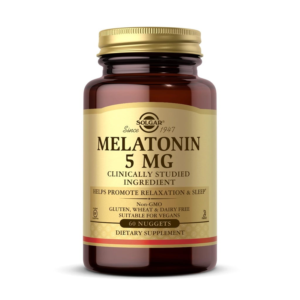 Solgar Melatonina 5 mg, 60 Nuggets - Pomaga promować relaksację i odpoczynek - Klinicznie studiowane Melatonina - Wegan, Gluten Free, Dairy Free, Kosher - 60 Służenie
