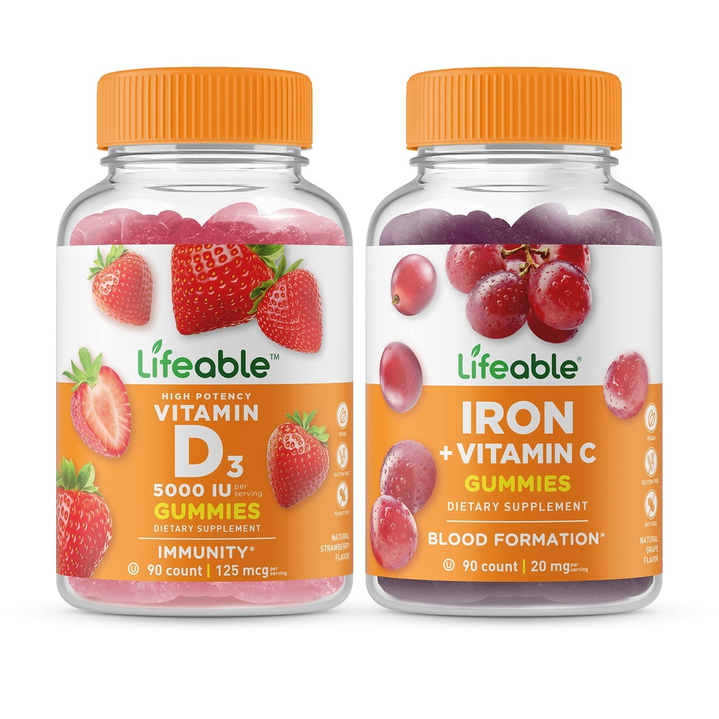 Żywa witamina D 5000 j.m. + Żelazo z witaminą C, Gummies Bundle - Wielki Degustacja, Suplement witaminy, Bez glutenu, Bez GMO, Gummy do żucia