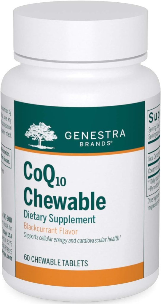 Genestra Brands CoQ10 Chewable Bilans 124; Koenzym Q10 Supplement Bilans 124; 60 Tabletki do rozgryzania i żucia Bilans 124; Naturalny blackcurrant Flavor