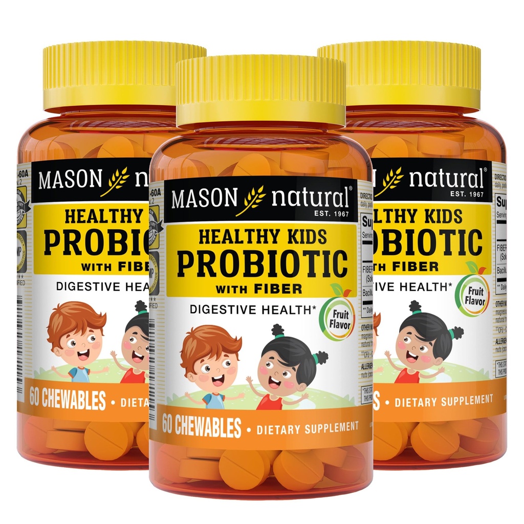MASON NATURAL Zdrowe dzieci Probiotyk z włóknem - Zdrowe funkcje pokarmowe, Ulepszony Gut Health, 60 Chewables (Pack of 3)