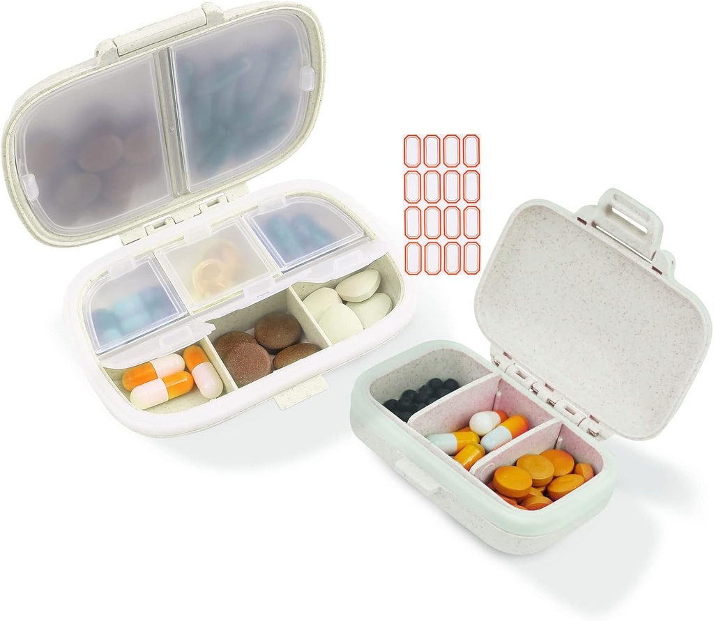 2 Pack Pill Organizer Box - Mały Pill Dispenser Home Travel Essentials Supplement Holder Przenośny Witamina Case 8 English & 3 Container Container Codzienna medycyna